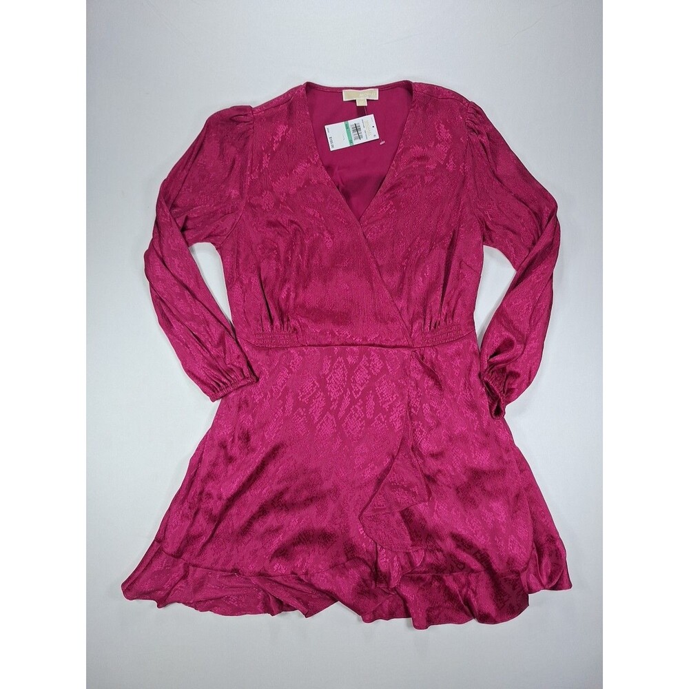 Michael Kors Dress Womens 0X Plus Fuchsia Pink Snakeskin Jacquard Ruffle Mini